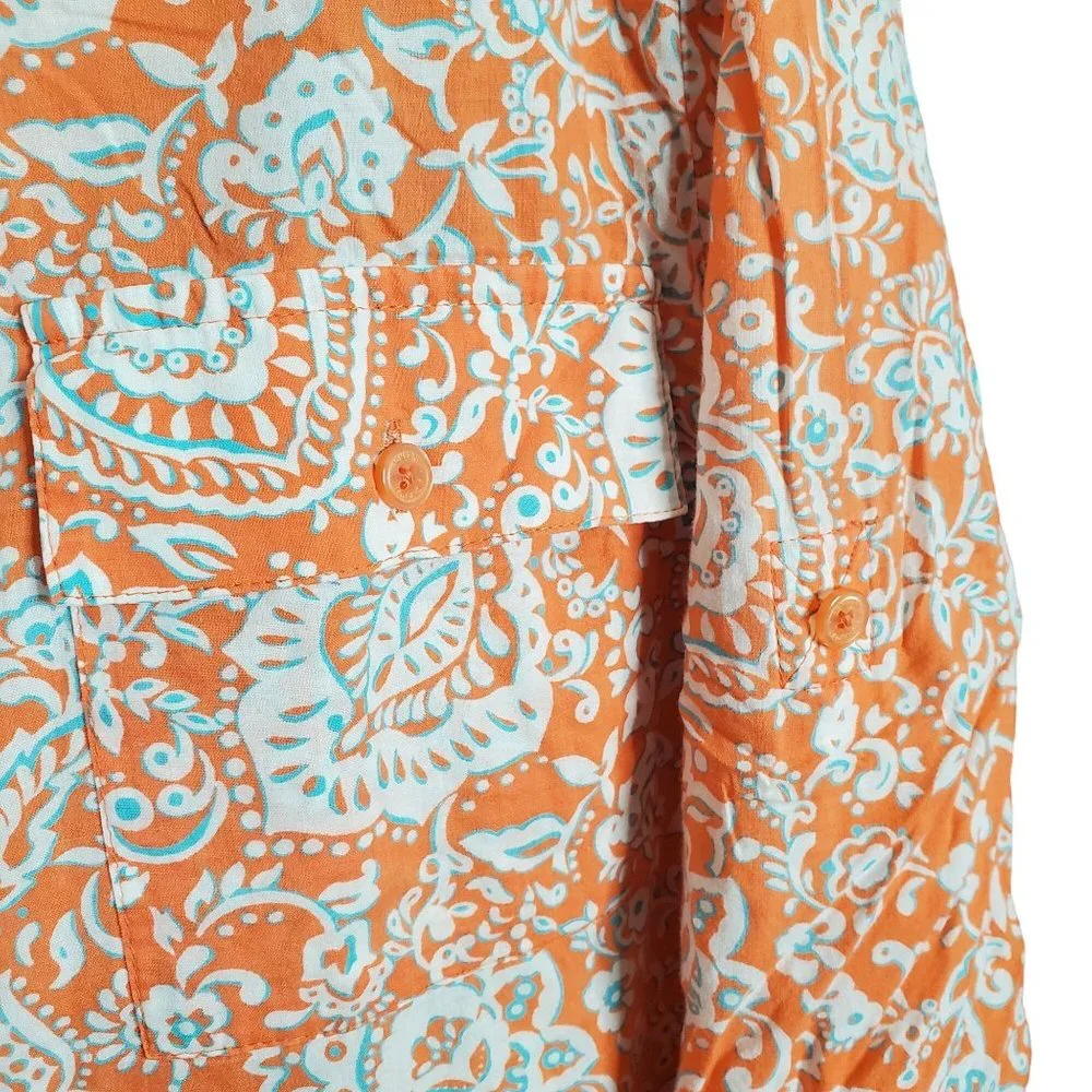 JNY Signature Sz XL Blouse Button Front Floral Roll Tab Cotton Side Vents Orange - Picture 12 of 14